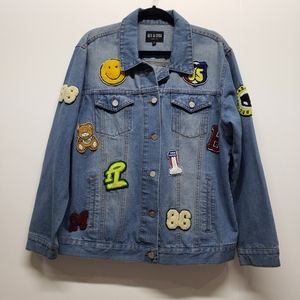 Vtg Oversized 90's Jeans Jacket With Patches Medium Grunge Baggy Streetwear Y2K